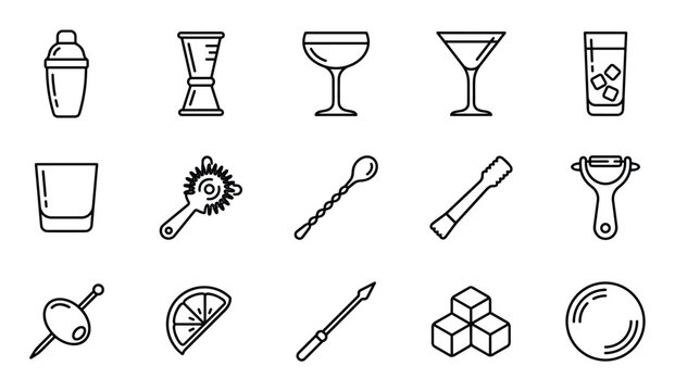 Collection of various black outline bar and cocktail tools and ingredients