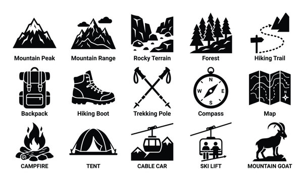 Collection of black and white flat icons representing various outdoor adventure and hiking elements