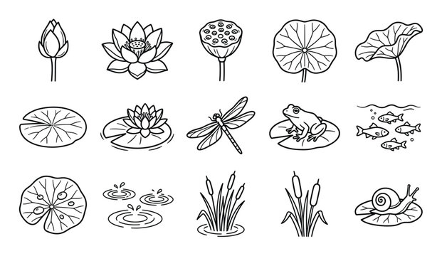 Collection of various pond life elements, including lotus flowers, lily pads, a frog, fish, and a dragonfly, presented as simple black and white line art icons