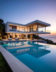 Fototapeta premium Modern Luxury Villa With Infinity Pool At Sunset Overlooking The Ocean Waterfront Mansion Architectural Design With Minimalist Glass Facade