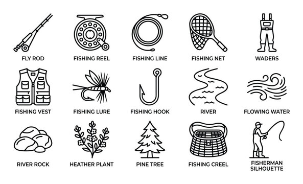 Comprehensive collection of black outline fishing icons and related elements