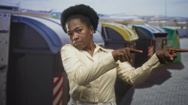 Woman pointing finger at a row of recycling bins on street with stern expression and extended hand gesture; warning determination.