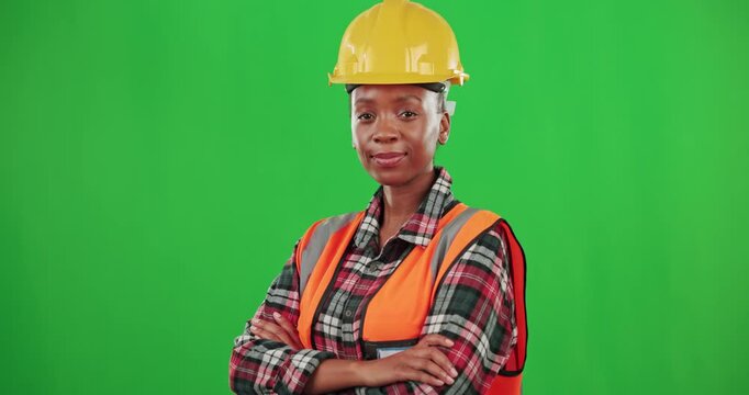 Construction worker, green screen portrait or black woman builder with smile or copy space in building industry. Contractor, studio background or happy female smiling with helmet or arms crossed