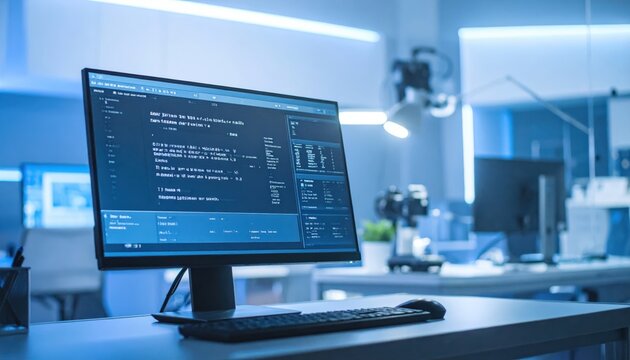 Modern Computer Monitor Displaying Complex Code and Digital Data in a Futuristic Technology Office