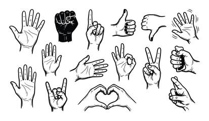 Fototapeta premium Collection of various hand gestures and poses in a black and white doodle style