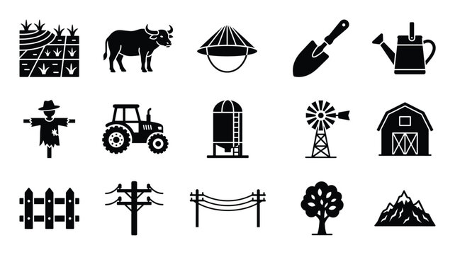 Collection of black silhouette farming and agriculture-related icons arranged neatly