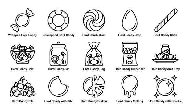 Comprehensive collection of various hard candy outline icons displayed