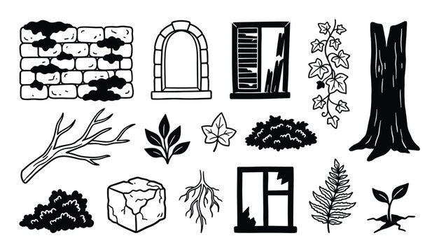 Collection of hand-drawn black and white nature and architectural elements