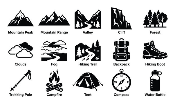 Comprehensive collection of black silhouette hiking and camping icons displayed