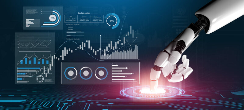 AI analyzing sales data dashboard, visualizing performance metrics, detecting trends, and generating insights to improve financial outcomes and strategic planning. Vouch