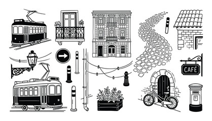 Naklejka premium Collection of hand-drawn black and white urban elements, including trams, buildings, street lamps, and a cafe sign