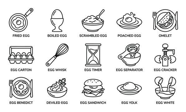 Comprehensive collection of various egg dishes and cooking tools presented as simple black line art icons