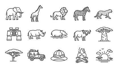 Naklejka premium Collection of black outline safari icons including various animals, equipment, and landscape elements