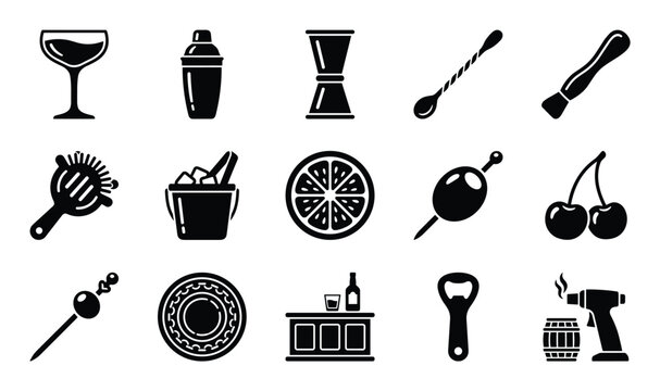 Collection of black silhouette bar and cocktail icons are neatly arranged