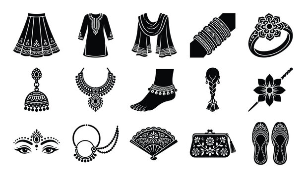 Collection of traditional Indian clothing, jewelry, and accessories is presented as black and white silhouette icons