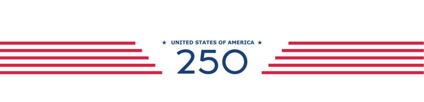 America 250 years jubilee header design with flag elements and commemorative label. 4th of July Independence Day promotional banner for web and print, isolated on transparent background