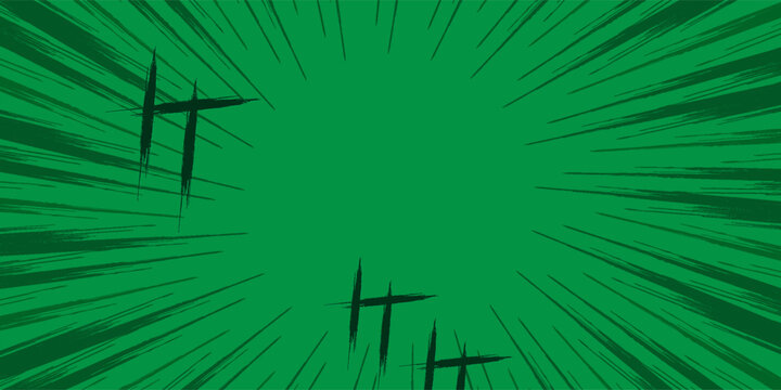 Green comic book style background featuring dynamic speed lines and stylized palm fronds, creating a sense of motion and tropical vibe.