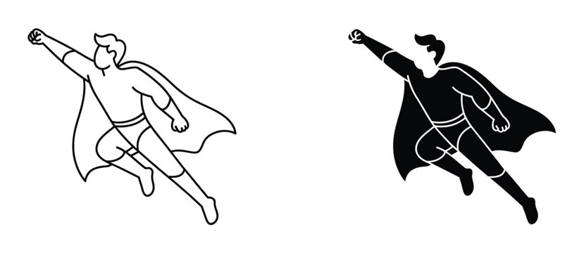 Superhero silhouette action pose set featuring flying running and jumping figures with capes in black cutout style for comic book posters logos and motion design
