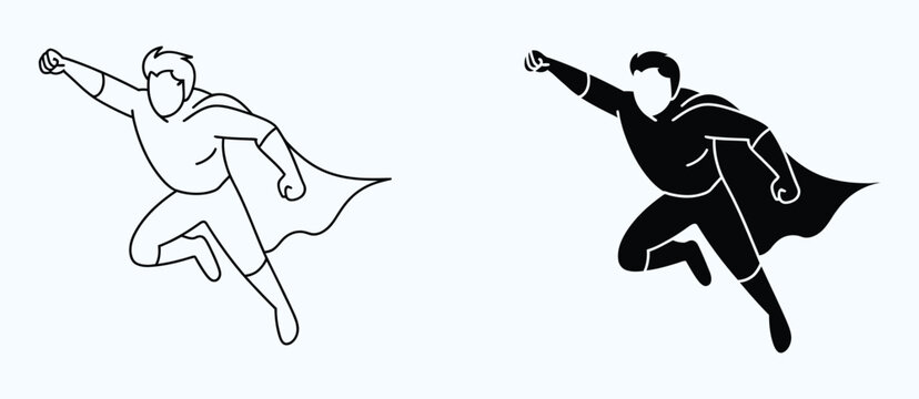 Superhero action silhouette icon set with male figures in dynamic poses flying running and jumping for comic design posters and logo graphics
