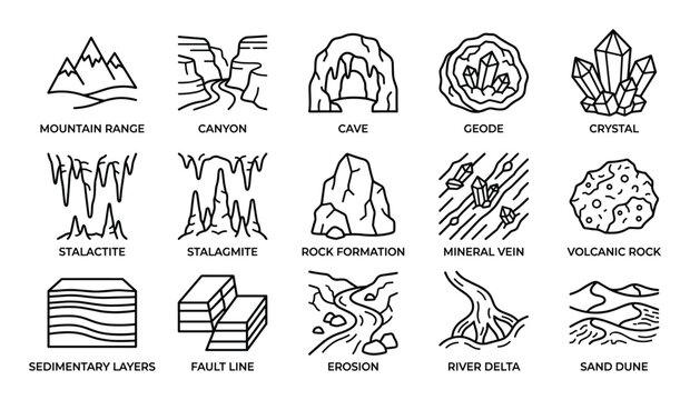 Comprehensive collection of fifteen distinct geological formation line icons, including mountains, canyons, caves, and various rock types, presented