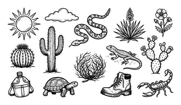 Collection of hand-drawn desert elements including a sun, cloud, various cacti, snake, lizard, tortoise, scorpion, and plants