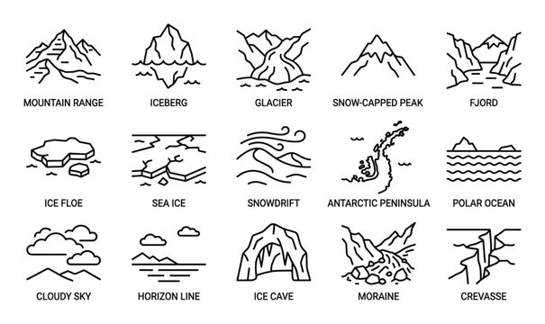 Comprehensive collection of black outline icons representing various natural arctic and mountain landscapes