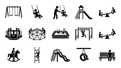 Plakat Comprehensive collection of black silhouette playground equipment and children playing