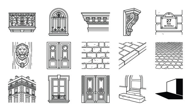 Collection of various black and white architectural elements and building details in a clean line art style