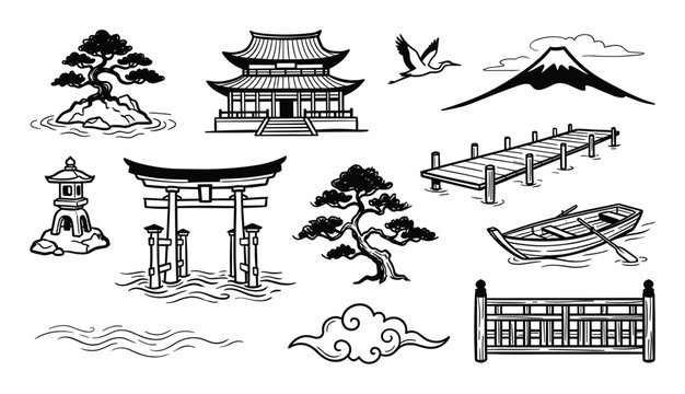 Collection of traditional Japanese elements including a pagoda, torii gate, bonsai trees, and Mount Fuji, rendered in a simple black and white line art style