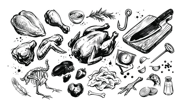 Hand-drawn black and white sketch illustration of various chicken parts and cooking ingredients