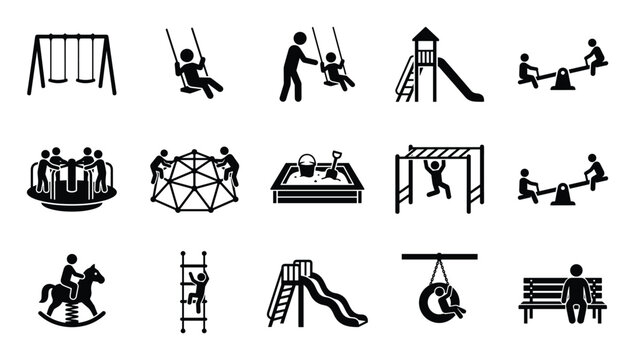 Comprehensive collection of black silhouette playground equipment and children playing