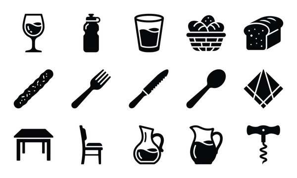 Collection of black and white glyph icons representing various kitchen and dining items