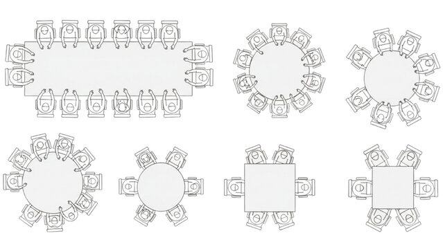 Various 2D CAD seating arrangements displayed on paper