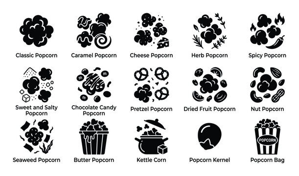 Collection of various popcorn types and related items presented as simple black and white icons