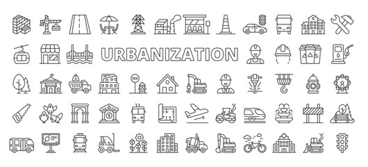 Urbanization icons in line design. urbanization, city, development, infrastructure, buildings, growth, planning on white background vector. Urbanization editable stroke icons © Bezvershenko