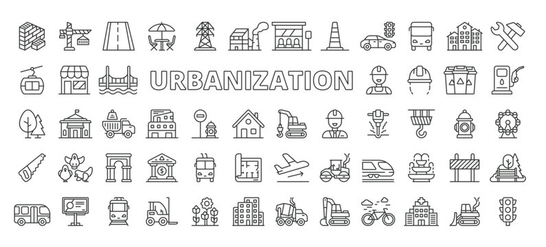 Urbanization icons in line design. urbanization, city, development, infrastructure, buildings, growth, planning on white background vector. Urbanization editable stroke icons
