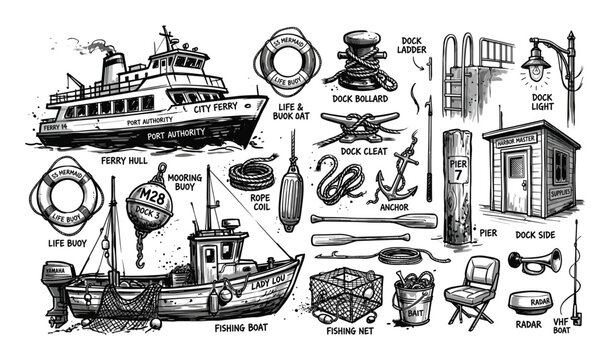 Detailed collection of hand-drawn marine and nautical elements, including boats, buoys, and dock equipment, rendered in a grayscale sketch style