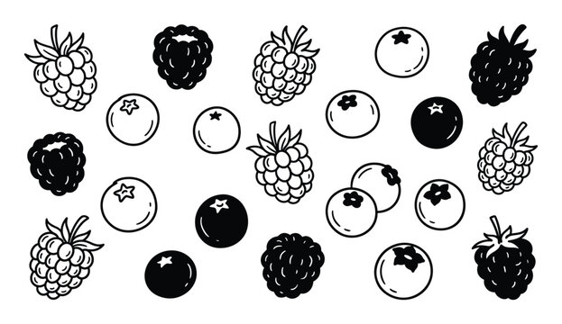 Collection of black and white line art and solid fill berry icons