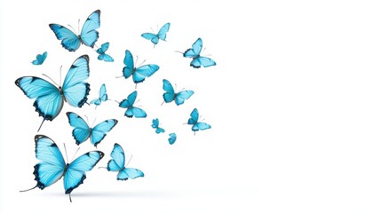 Naklejka premium Vibrant Blue Butterflies in Flight on a White Background, Symbolizing Freedom and Nature's Beauty