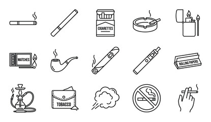 Fototapeta na wymiar Collection of black outline icons representing various smoking and tobacco-related items