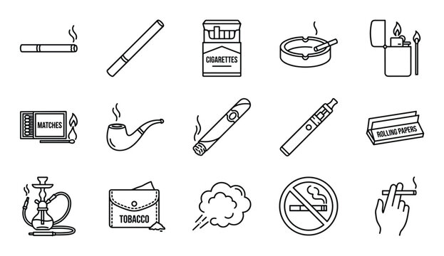 Collection of black outline icons representing various smoking and tobacco-related items