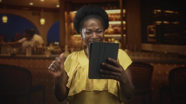 Woman holding tablet with hand tapping screen and smiling, thumb and fingers visible, seated near bar counter inside building with bottles and lights; joy connection.