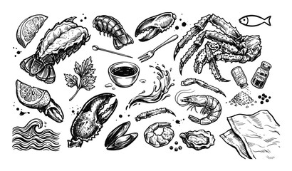 Fototapeta premium Detailed black and white hand-drawn illustration of various seafood elements, including crab, lobster, shrimp, and mussels, with lemons and spices