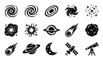 Obraz premium Collection of various black and white space icons including galaxies, planets, stars, and celestial objects