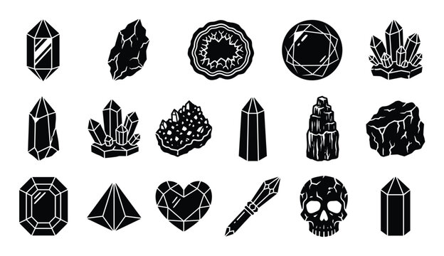 Collection of various black crystal and gemstone icons with different shapes and facets
