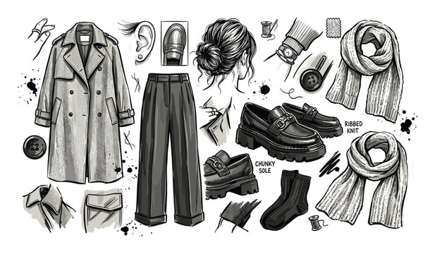 Stylish monochrome fashion elements including a trench coat, trousers, loafers, and accessories, hand-drawn in a sketch style