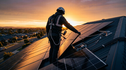 Fototapeta premium Silhouette of Worker Installing Solar Panels During Sunset