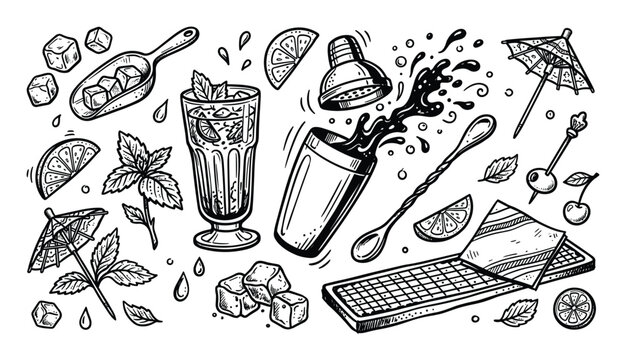 Hand-drawn black and white cocktail preparation elements including a shaker, ice, mint, and citrus slices