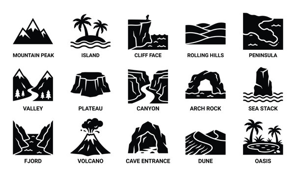Comprehensive collection of fifteen distinct natural landform and seascape icons, presented in a clean black and white minimalist style