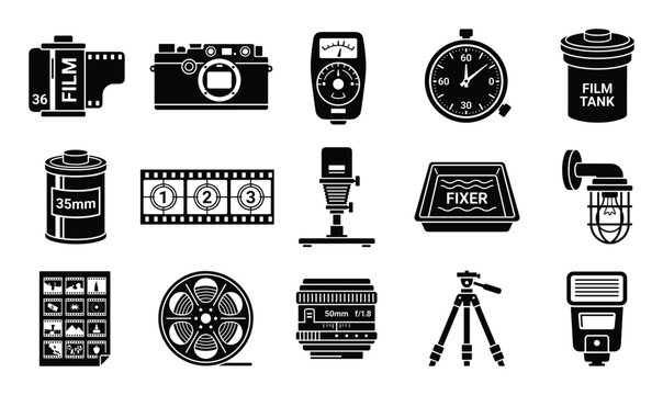Comprehensive collection of black and white photography equipment icons displayed